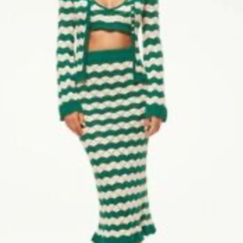 Misa Los Angeles Set of two pieces Green & Cream Crochet Maxi Skirt and top.